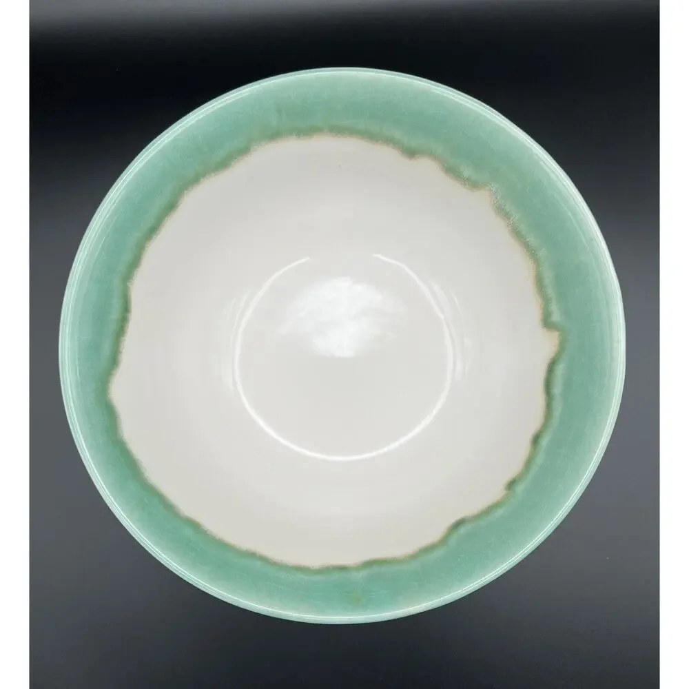 Pier 1 Imports Drip Glaze Stoneware Serving Mixing Bowl 9.5” Teal Green & White